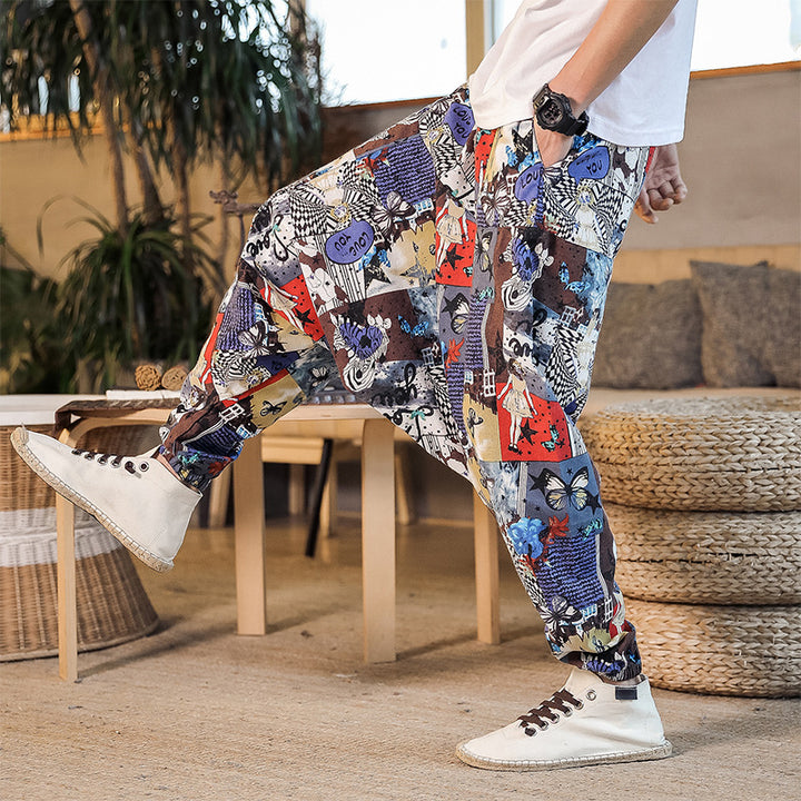 Men's casual harem pants with colorful art motif and elastic waistband Lisslune