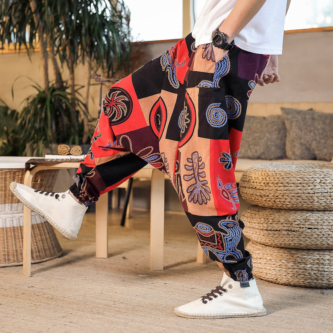 Men's casual harem pants with colorful art motif and elastic waistband Lisslune
