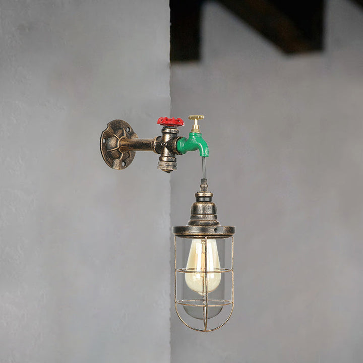 Lisslune | Faucet Design Metal Wall Lamp Steampunk Style 1 Bulb Balcony Wall Light with Wire Protection in Antique Bronze