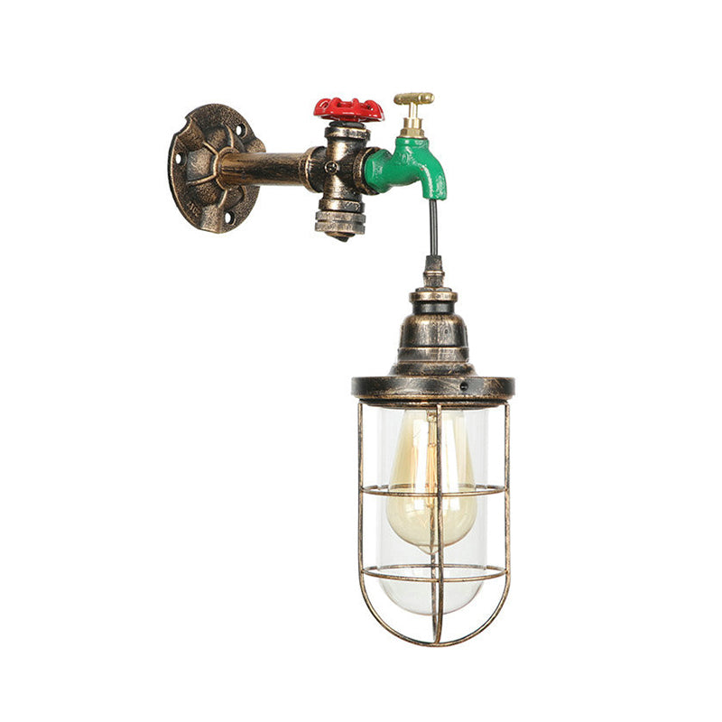 Lisslune | Faucet Design Metal Wall Lamp Steampunk Style 1 Bulb Balcony Wall Light with Wire Protection in Antique Bronze