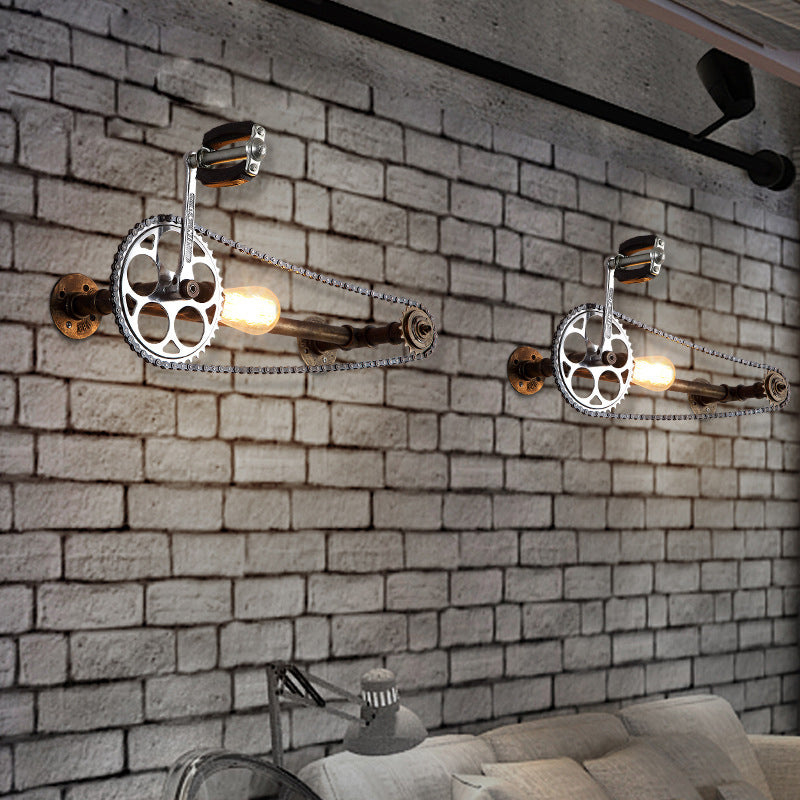 Lisslune | Iron Gear Bicycle Wall Lamp Stock 1 Light Restaurant Wall Mounted Lamp in Bronze with Pipe Arm
