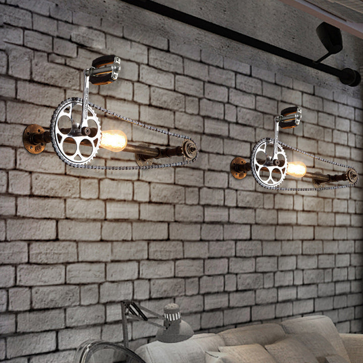 Lisslune | Iron Gear Bicycle Wall Lamp Stock 1 Light Restaurant Wall Mounted Lamp in Bronze with Pipe Arm