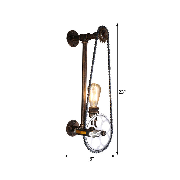 Lisslune | Iron Gear Bicycle Wall Lamp Stock 1 Light Restaurant Wall Mounted Lamp in Bronze with Pipe Arm