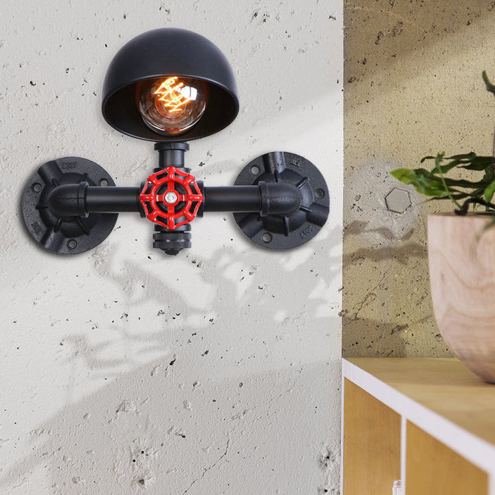 Lisslune | Steampunk Dome Wall Lamp Fixture with Valve Wheel 1 Head Metallic Wall Light in Black for Living Room