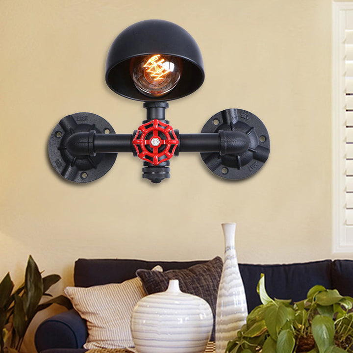 Lisslune | Steampunk Dome Wall Lamp Fixture with Valve Wheel 1 Head Metallic Wall Light in Black for Living Room
