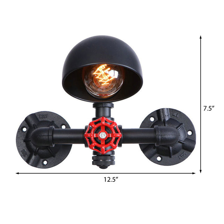 Lisslune | Steampunk Dome Wall Lamp Fixture with Valve Wheel 1 Head Metallic Wall Light in Black for Living Room