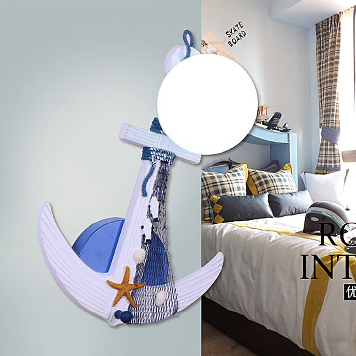 Skørter | Anchor Wall Lamp Children Wood Single White-Blue Wall Lighting with Glass Lampshade and Beach Detail