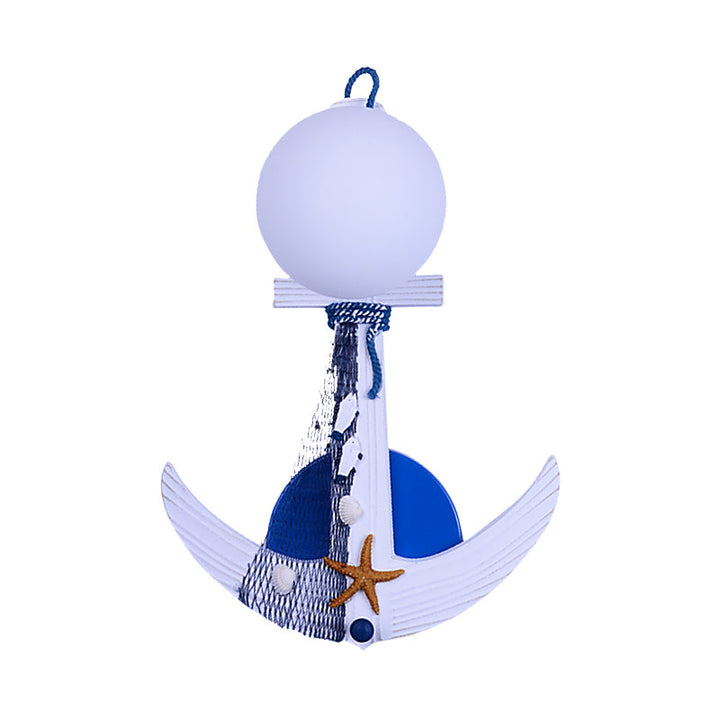 Skørter | Anchor Wall Lamp Children Wood Single White-Blue Wall Lighting with Glass Lampshade and Beach Detail
