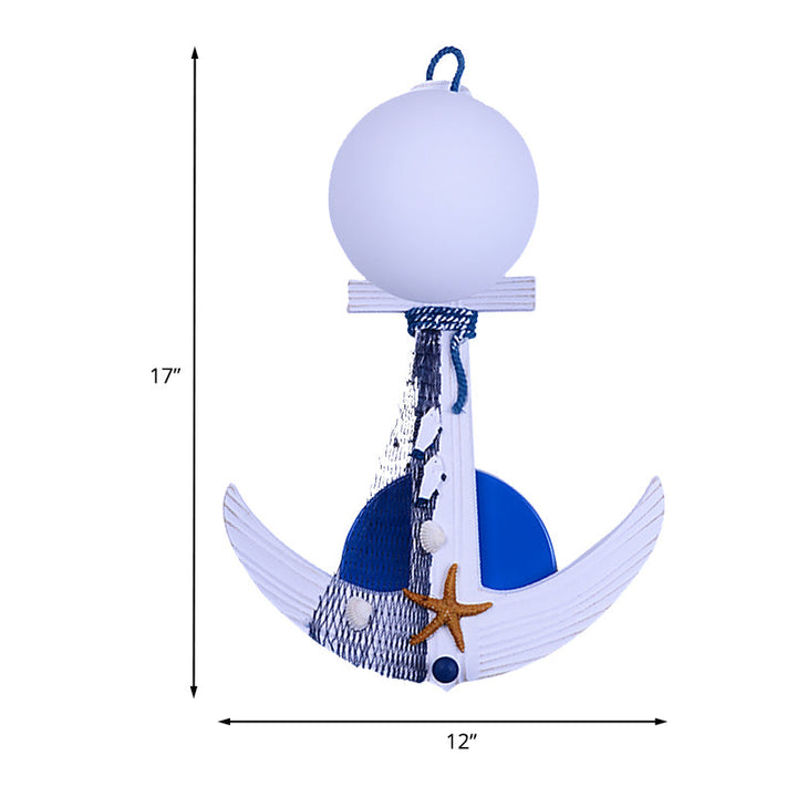 Skørter | Anchor Wall Lamp Children Wood Single White-Blue Wall Lighting with Glass Lampshade and Beach Detail