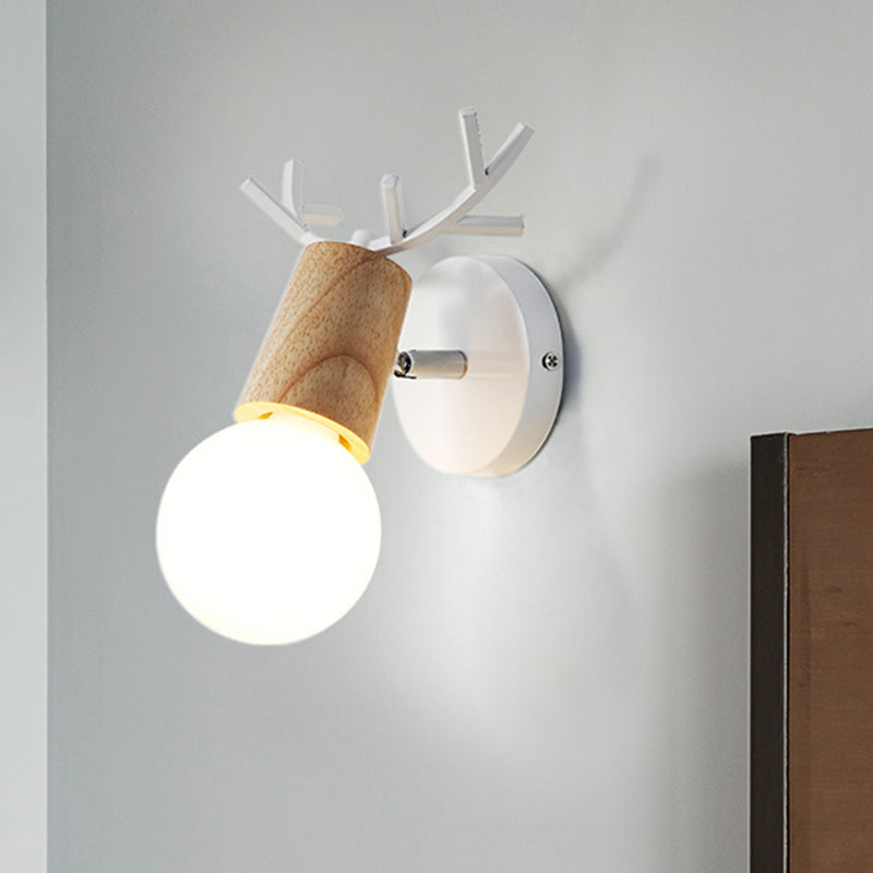 Skørter | Nordic Shadeless Rotatable Wall Lamp Wood 1 Head Bedroom Wall Lighting in Black/White with Deer Antler Top