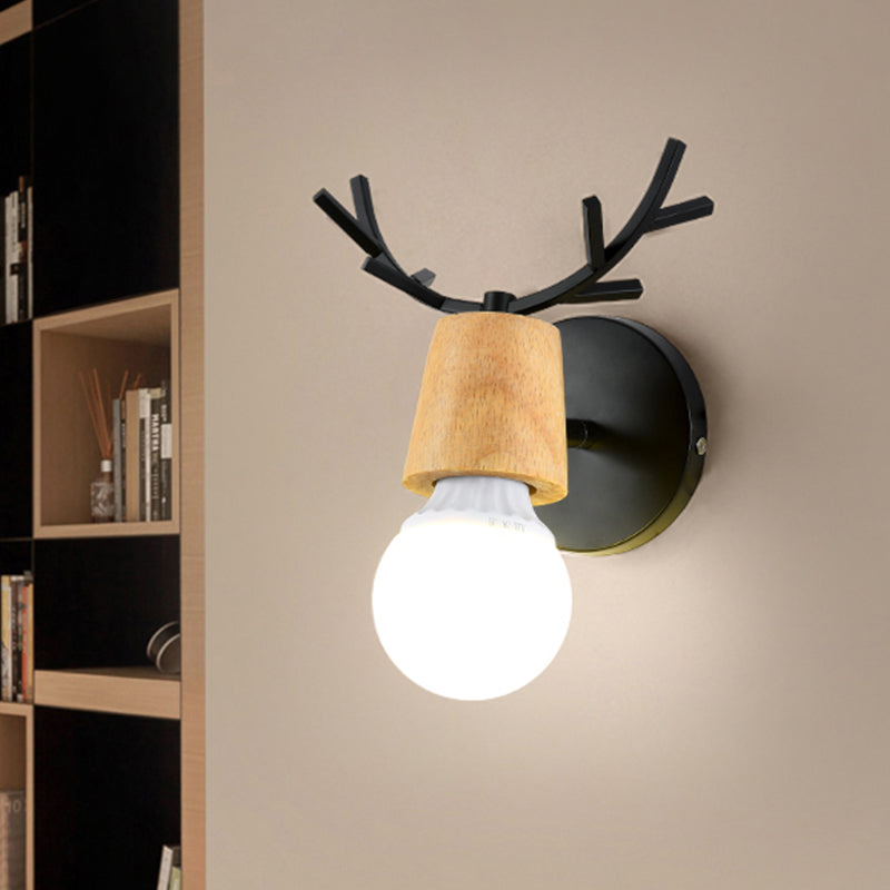 Skørter | Nordic Shadeless Rotatable Wall Lamp Wood 1 Head Bedroom Wall Lighting in Black/White with Deer Antler Top