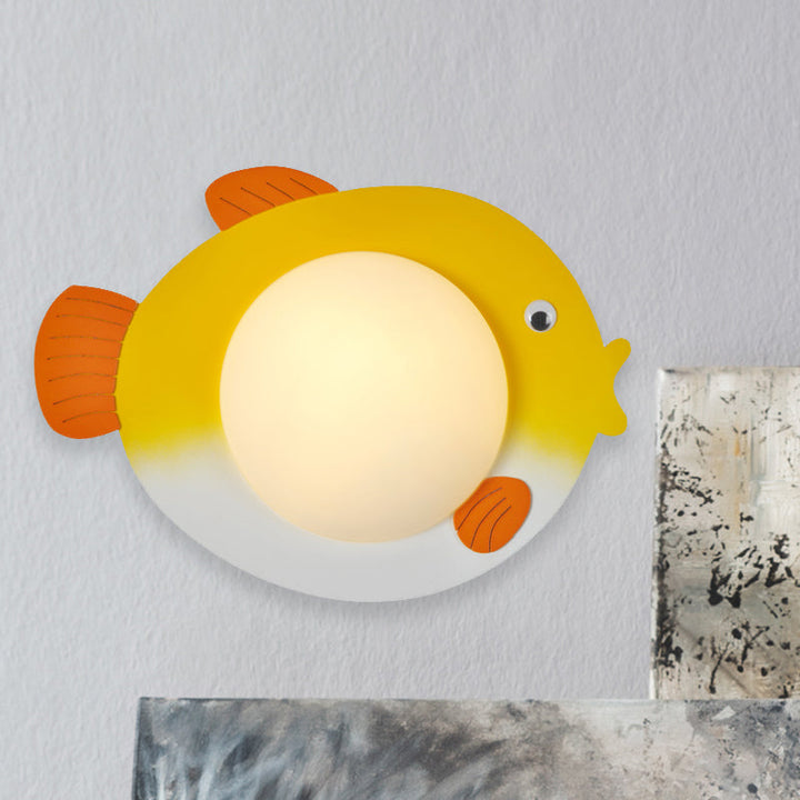 Skørter | Frosted White Glass Mini Sphere Sconce Kids Blue/Yellow LED Wall Light Fixture with Fish Backplate, Warm/White Light