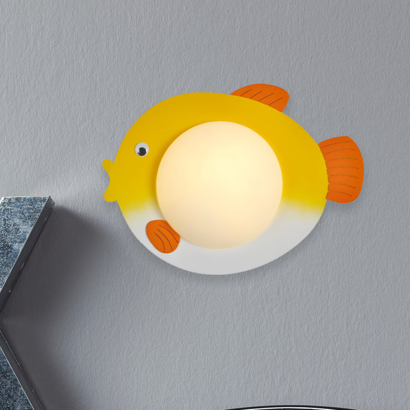 Skørter | Frosted White Glass Mini Sphere Sconce Kids Blue/Yellow LED Wall Light Fixture with Fish Backplate, Warm/White Light