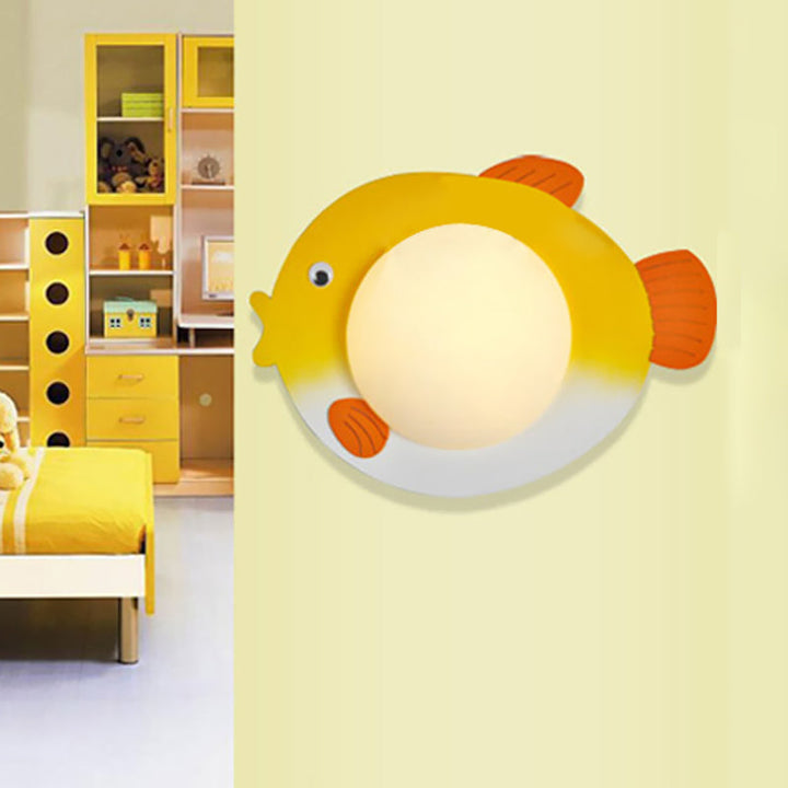 Skørter | Frosted White Glass Mini Sphere Sconce Kids Blue/Yellow LED Wall Light Fixture with Fish Backplate, Warm/White Light