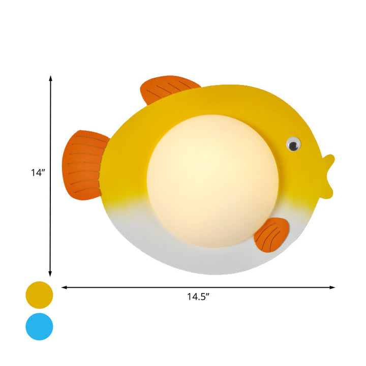 Skørter | Frosted White Glass Mini Sphere Sconce Kids Blue/Yellow LED Wall Light Fixture with Fish Backplate, Warm/White Light