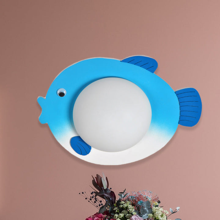Skørter | Frosted White Glass Mini Sphere Sconce Kids Blue/Yellow LED Wall Light Fixture with Fish Backplate, Warm/White Light