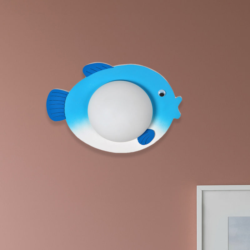 Skørter | Frosted White Glass Mini Sphere Sconce Kids Blue/Yellow LED Wall Light Fixture with Fish Backplate, Warm/White Light