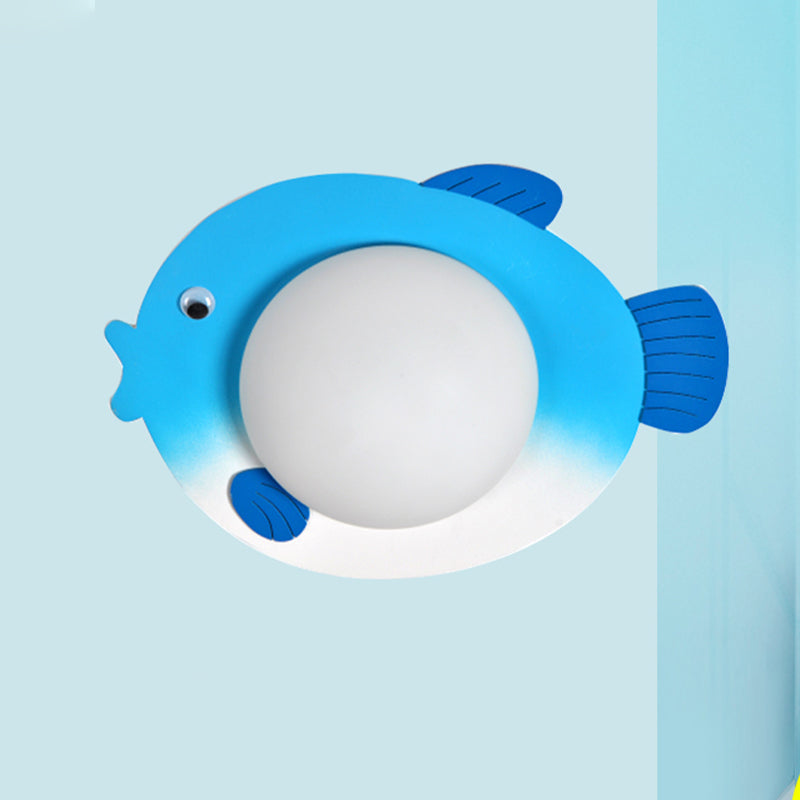 Skørter | Frosted White Glass Mini Sphere Sconce Kids Blue/Yellow LED Wall Light Fixture with Fish Backplate, Warm/White Light