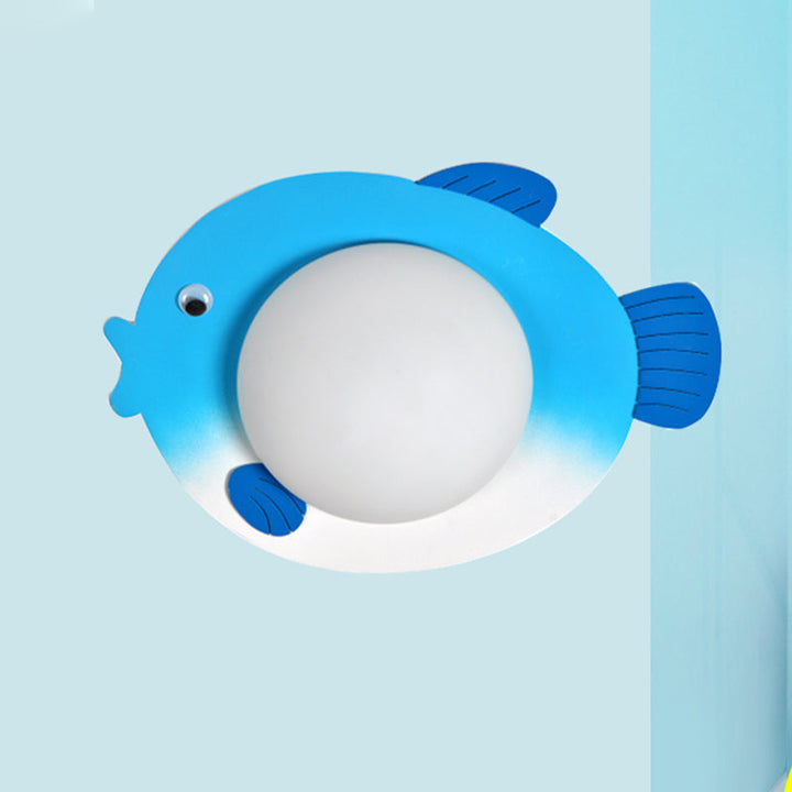 Skørter | Frosted White Glass Mini Sphere Sconce Kids Blue/Yellow LED Wall Light Fixture with Fish Backplate, Warm/White Light