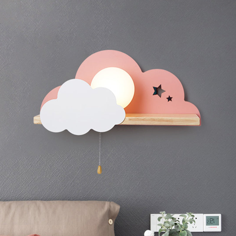 Skørter | Globule Trek light wall lamp Macaron Opal Frosted Glass Single Pink/Gray/White Wall Light Ideas with Cloud Design and Wooden Shelf