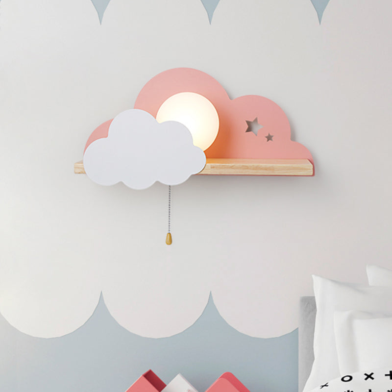 Skørter | Globule Trek light wall lamp Macaron Opal Frosted Glass Single Pink/Gray/White Wall Light Ideas with Cloud Design and Wooden Shelf