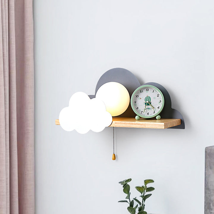 Skørter | Globule Trek light wall lamp Macaron Opal Frosted Glass Single Pink/Gray/White Wall Light Ideas with Cloud Design and Wooden Shelf