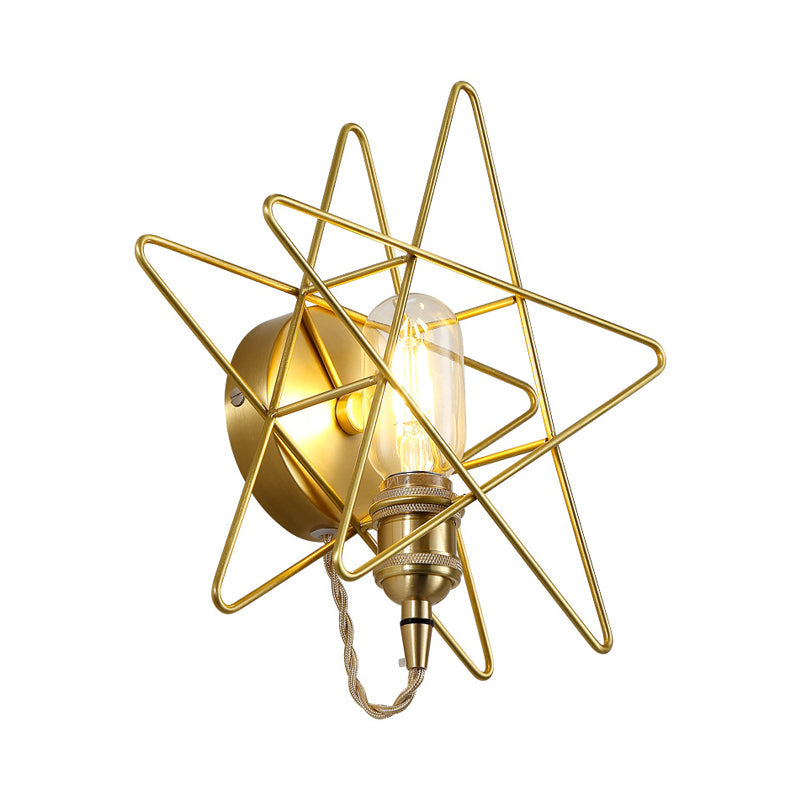 Skørter | Metal Exposed Bulb Wall Lamp Colonialist 1 Main Living Room Sconce Lamp in Gold with Star Cage