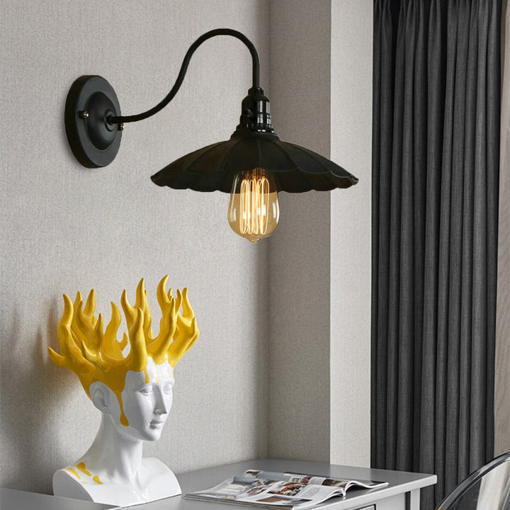 Skørter | Gooseneck Living Room Wall Mount Light with Curved Shade Industrial Metal 1 Bulb Black Wall Attachment, 10"/13" Diameter
