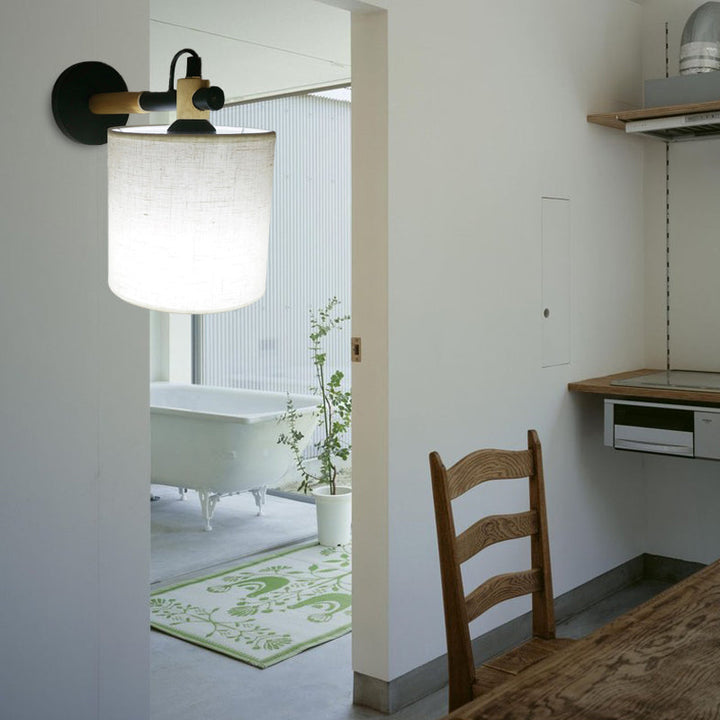 Lisslune | Fabric Cylindrical Wall Light Modernist 1 Light Bedroom Wall Mounted Light with Wood Connection in Black/White