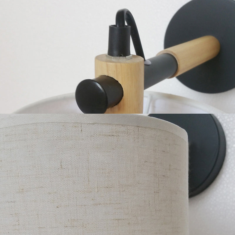 Lisslune | Fabric Cylindrical Wall Light Modernist 1 Light Bedroom Wall Mounted Light with Wood Connection in Black/White
