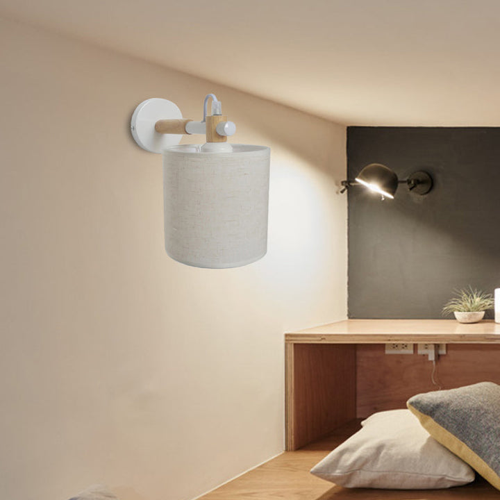 Lisslune | Fabric Cylindrical Wall Light Modernist 1 Light Bedroom Wall Mounted Light with Wood Connection in Black/White