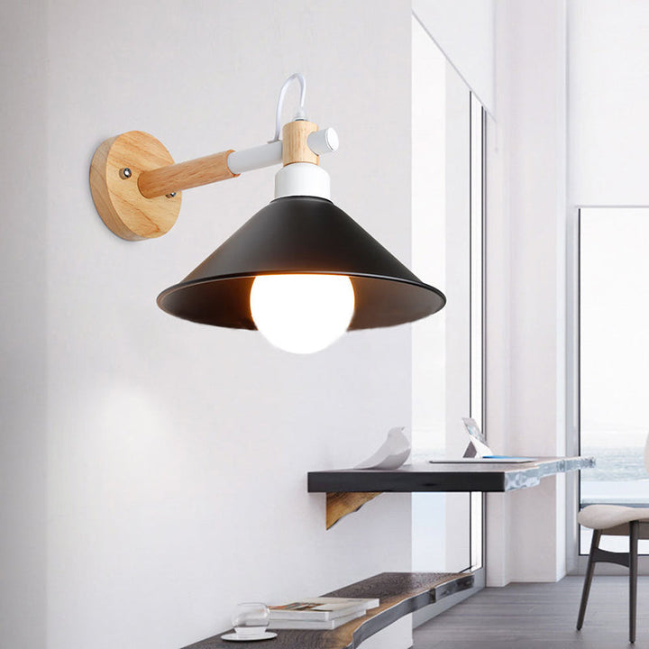 Lisslune | 1 Head Conical Wall Lamp Light Nordic Style Black Metallic Wall Lighting with Wooden Backing