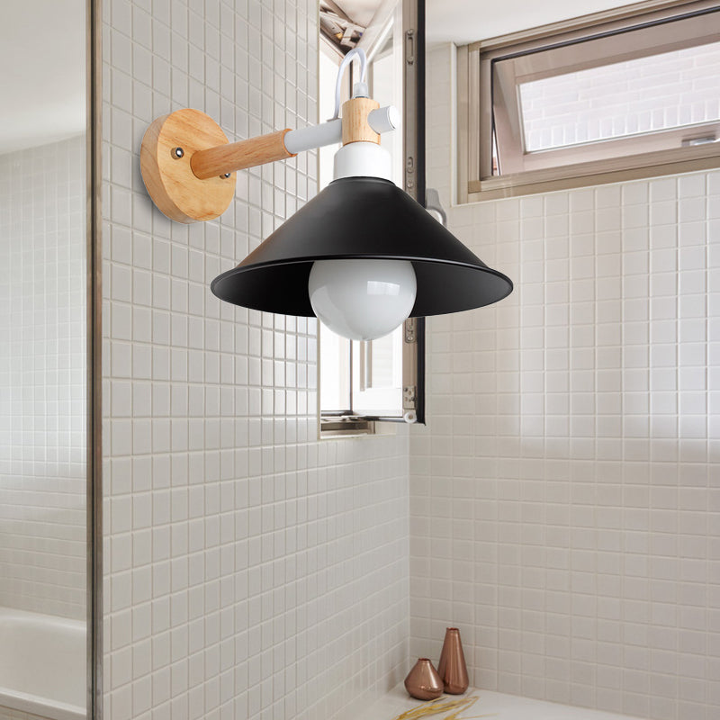 Lisslune | 1 Head Conical Wall Lamp Light Nordic Style Black Metallic Wall Lighting with Wooden Backing