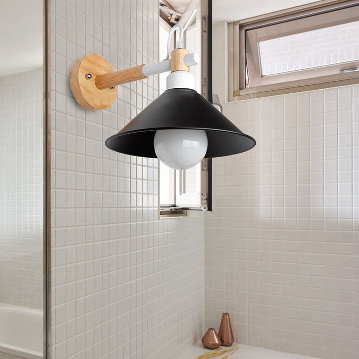 Lisslune | 1 Head Conical Wall Lamp Light Nordic Style Black Metallic Wall Lighting with Wooden Backing