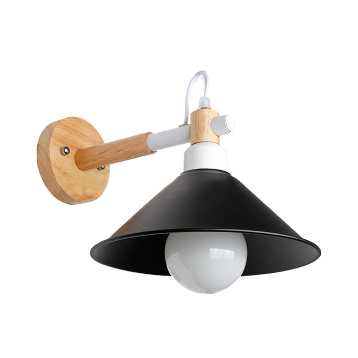 Lisslune | 1 Head Conical Wall Lamp Light Nordic Style Black Metallic Wall Lighting with Wooden Backing