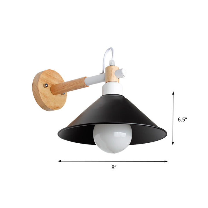 Lisslune | 1 Head Conical Wall Lamp Light Nordic Style Black Metallic Wall Lighting with Wooden Backing