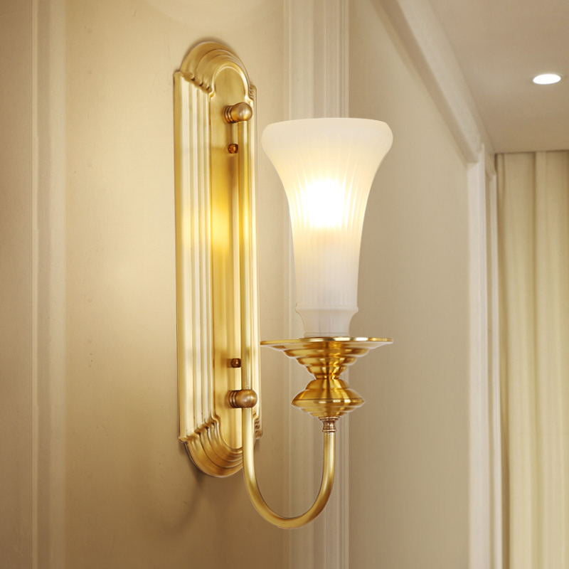 Skørter | 1/2-Bowl Bell Wall Light Colonial Gold Frosted White Glass Wall Light with Metal Goose Neck Arm