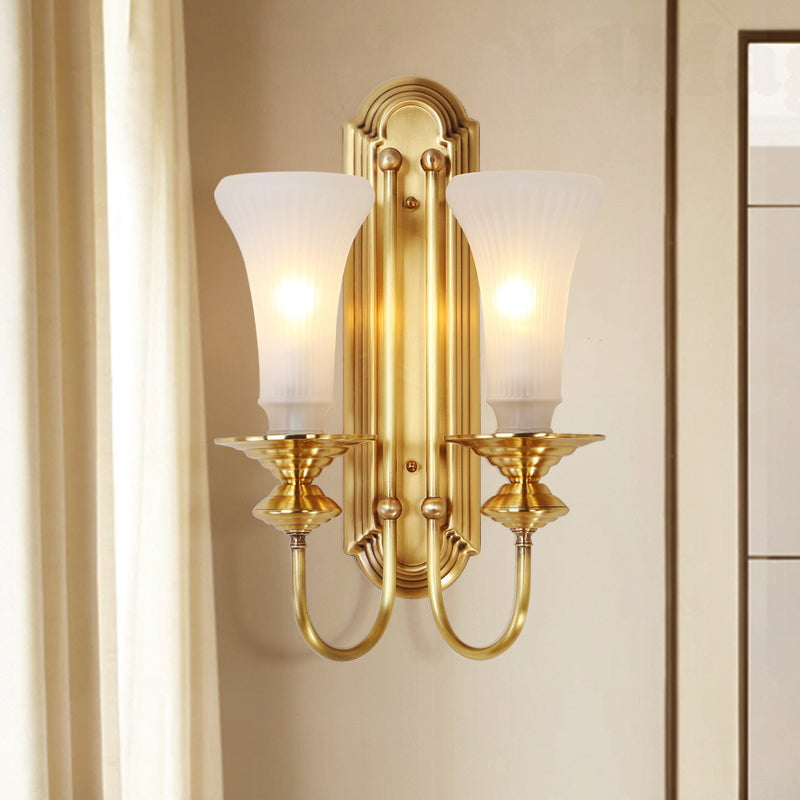 Skørter | 1/2-Bowl Bell Wall Light Colonial Gold Frosted White Glass Wall Light with Metal Goose Neck Arm