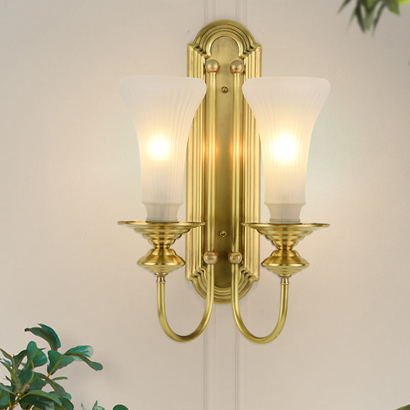 Skørter | 1/2-Bowl Bell Wall Light Colonial Gold Frosted White Glass Wall Light with Metal Goose Neck Arm