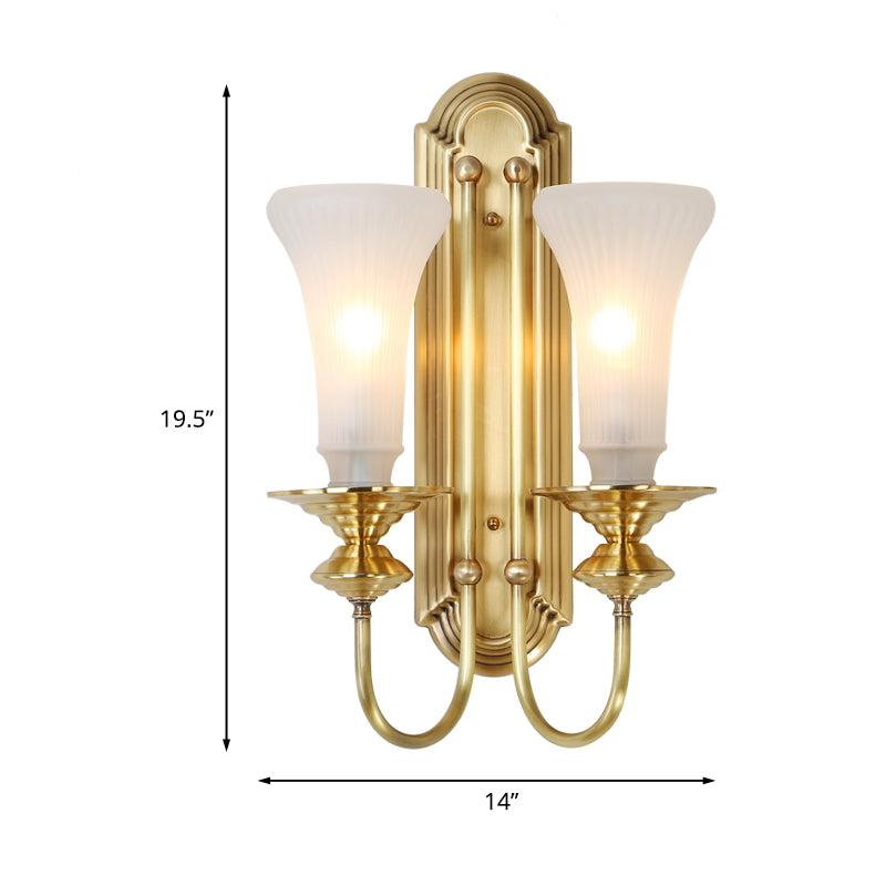 Skørter | 1/2-Bowl Bell Wall Light Colonial Gold Frosted White Glass Wall Light with Metal Goose Neck Arm