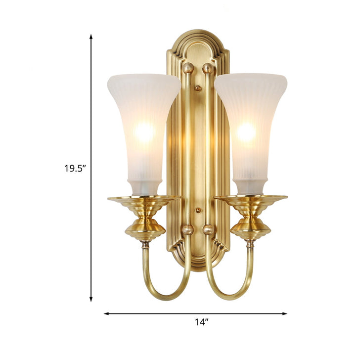 Skørter | 1/2-Bowl Bell Wall Light Colonial Gold Frosted White Glass Wall Light with Metal Goose Neck Arm