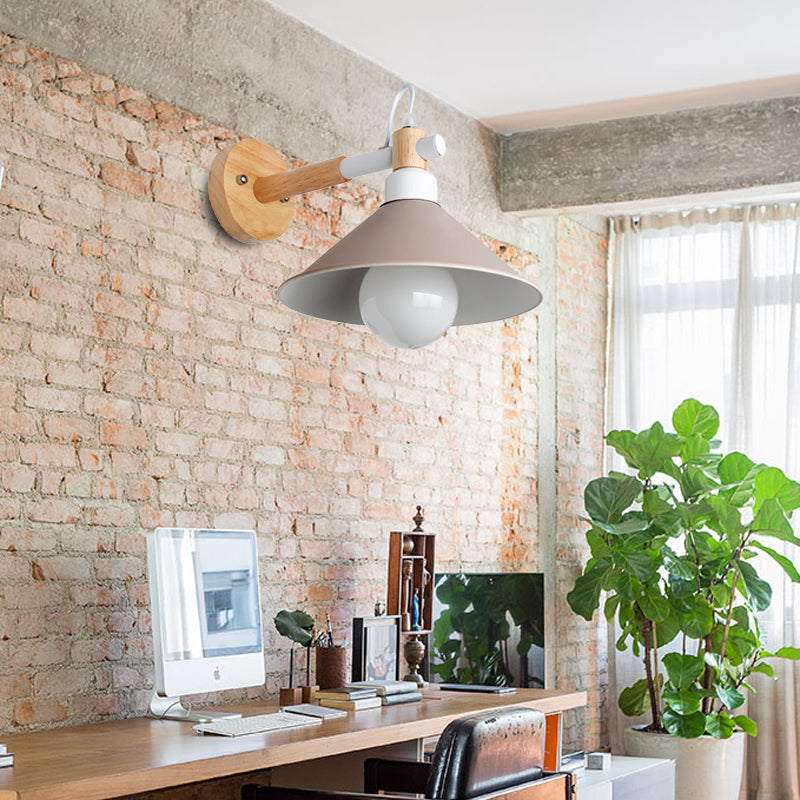 Lisslune | Nordic Stylish Cone Wall Lighting Fixture 1 Head Metallic Wall Lamp with Wooden Connection in Black/Grey for Hallway