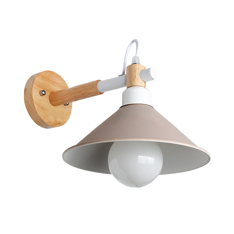 Lisslune | Nordic Stylish Cone Wall Lighting Fixture 1 Head Metallic Wall Lamp with Wooden Connection in Black/Grey for Hallway