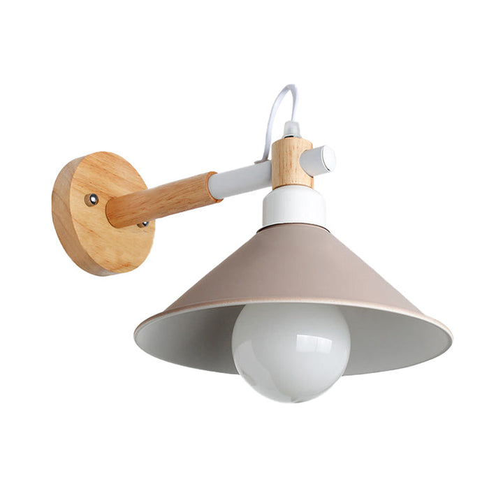 Lisslune | Nordic Stylish Cone Wall Lighting Fixture 1 Head Metallic Wall Lamp with Wooden Connection in Black/Grey for Hallway