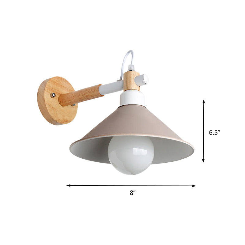 Lisslune | Nordic Stylish Cone Wall Lighting Fixture 1 Head Metallic Wall Lamp with Wooden Connection in Black/Grey for Hallway
