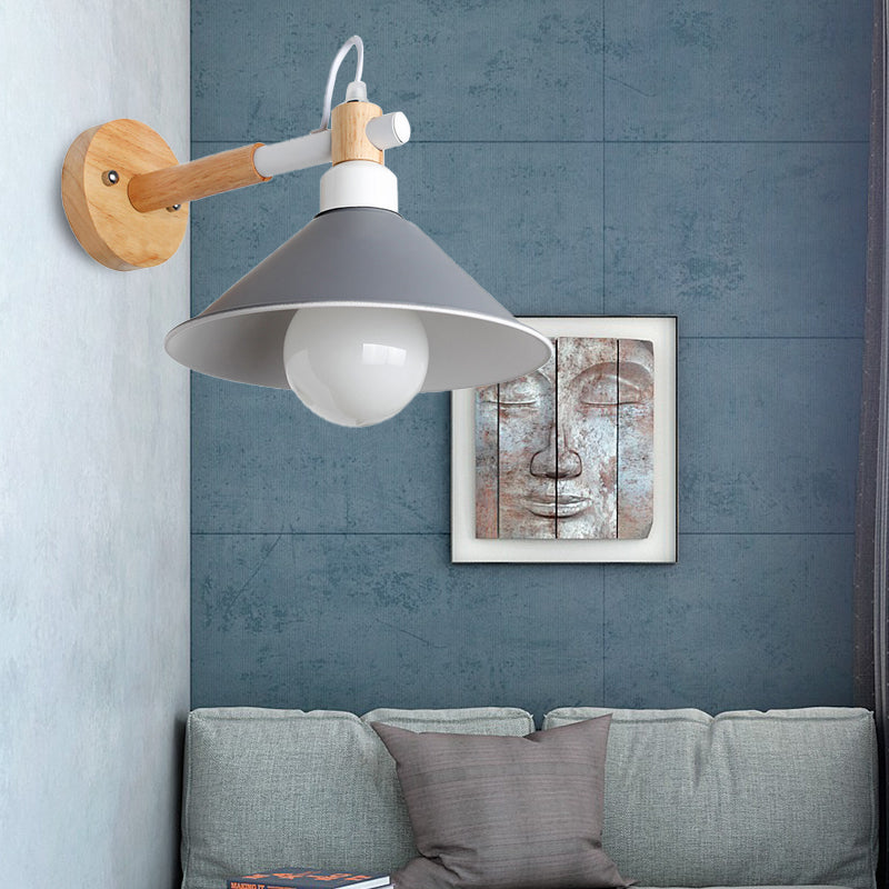 Lisslune | Nordic Stylish Cone Wall Lighting Fixture 1 Head Metallic Wall Lamp with Wooden Connection in Black/Grey for Hallway