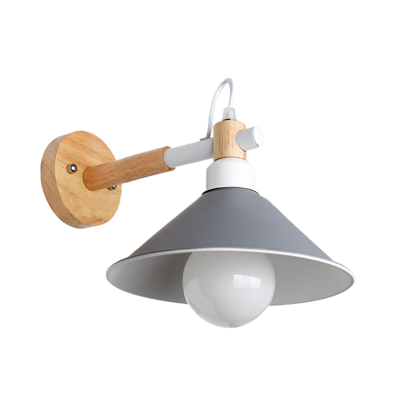 Lisslune | Nordic Stylish Cone Wall Lighting Fixture 1 Head Metallic Wall Lamp with Wooden Connection in Black/Grey for Hallway