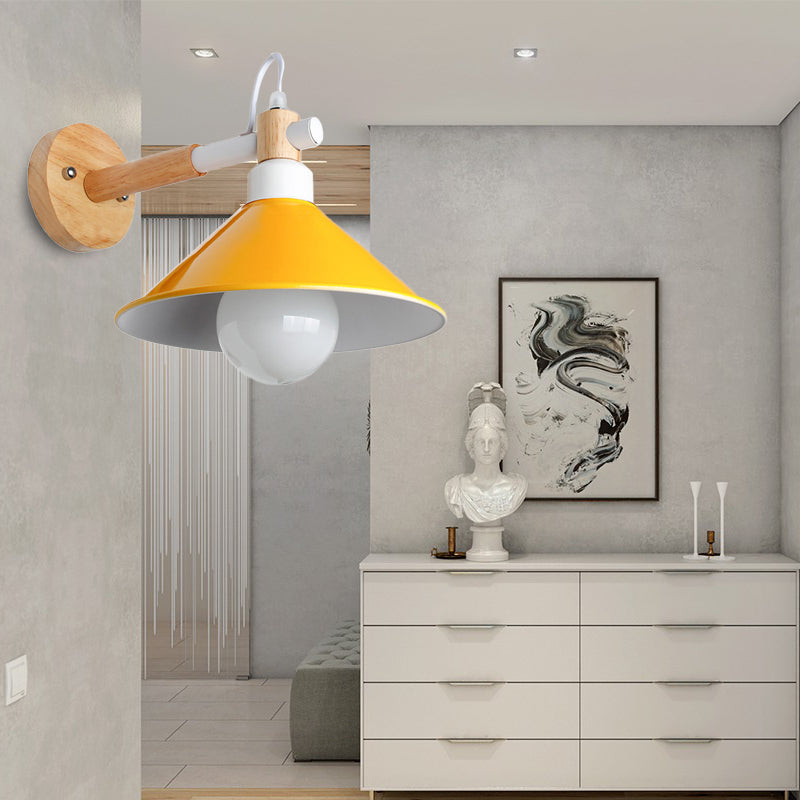 Lisslune | Nordic Stylish Cone Wall Lighting Fixture 1 Head Metallic Wall Lamp with Wooden Connection in Black/Grey for Hallway