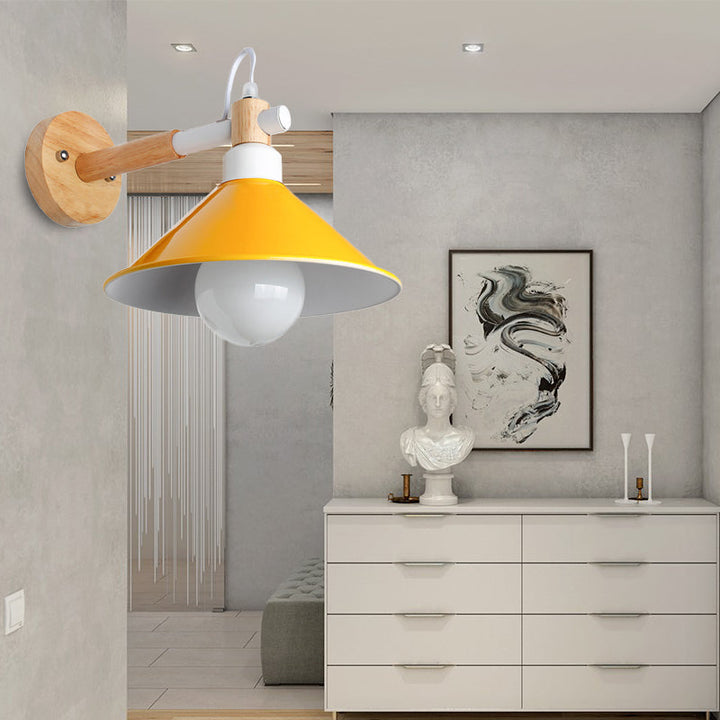 Lisslune | Nordic Stylish Cone Wall Lighting Fixture 1 Head Metallic Wall Lamp with Wooden Connection in Black/Grey for Hallway