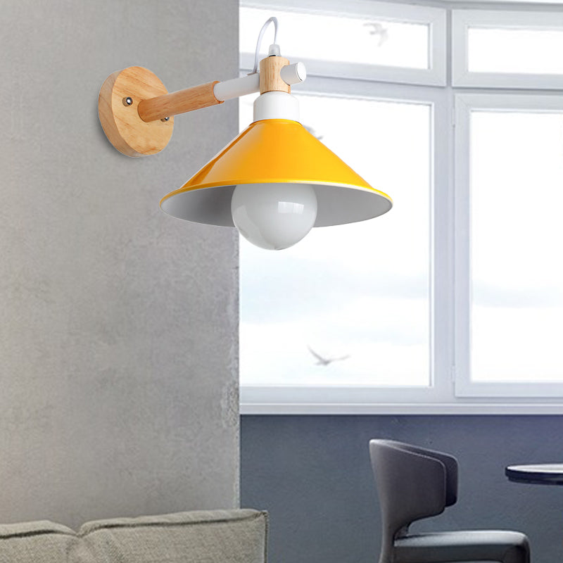 Lisslune | Nordic Stylish Cone Wall Lighting Fixture 1 Head Metallic Wall Lamp with Wooden Connection in Black/Grey for Hallway